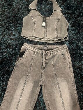 Fashion Nova Washed Gray Denim Halter Crop Top & High-Rise Jeans Set